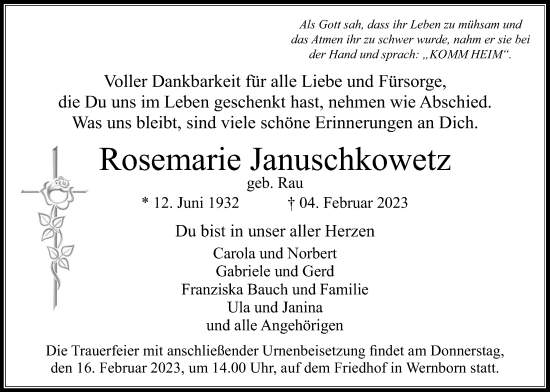 Traueranzeige von Rosemarie Januschkowetz von Usinger Anzeigenblatt