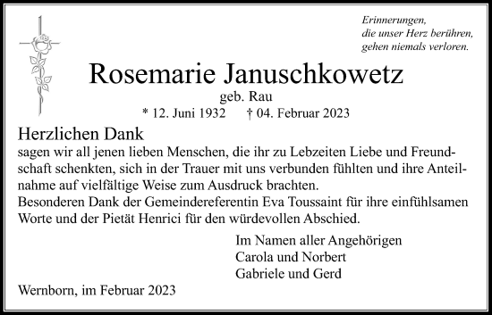 Traueranzeige von Rosemarie Januschkowetz 
