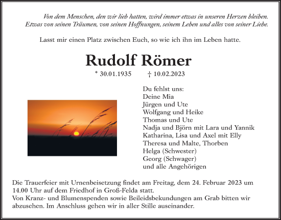 Traueranzeige von Rudolf Römer von Giessener Allgemeine, Alsfelder Allgemeine