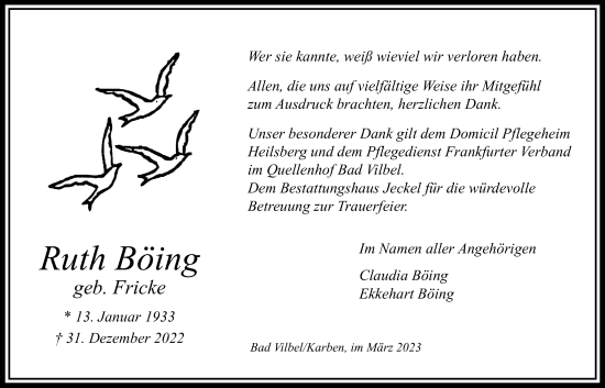 Traueranzeige von Ruth Böing von Bad Vilbel/Karben
