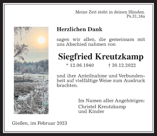 Traueranzeige von Siegfried Kreutzkamp von Giessener Allgemeine, Alsfelder Allgemeine, Giessener Anzeiger