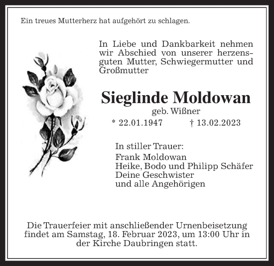 Traueranzeige von Sieglinde Moldowan von Giessener Allgemeine, Alsfelder Allgemeine, Giessener Anzeiger