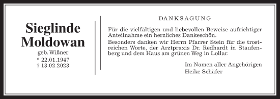 Traueranzeige von Sieglinde Moldowan von Giessener Allgemeine, Alsfelder Allgemeine, Giessener Anzeiger