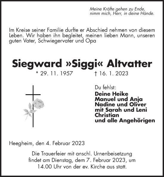 Traueranzeige von Siegward Altvatter von Kreis-Anzeiger