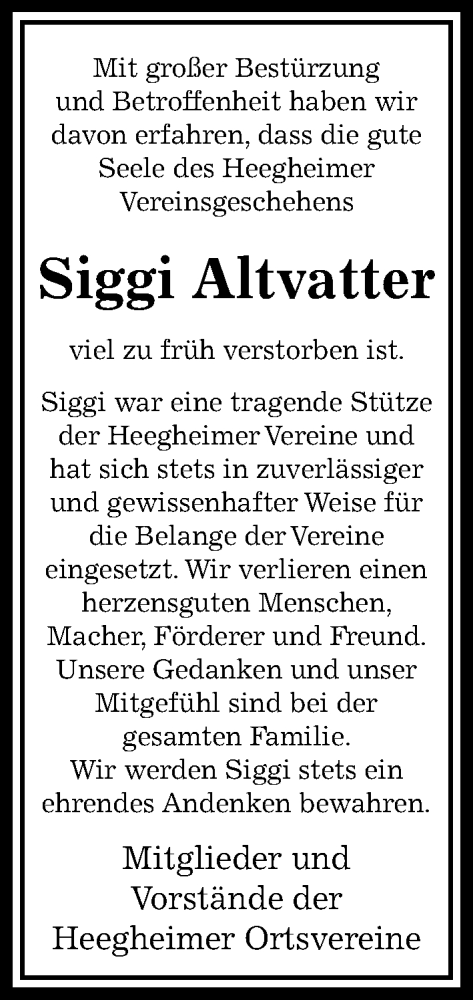 Traueranzeige von Siggi Altvatter von Kreis-Anzeiger