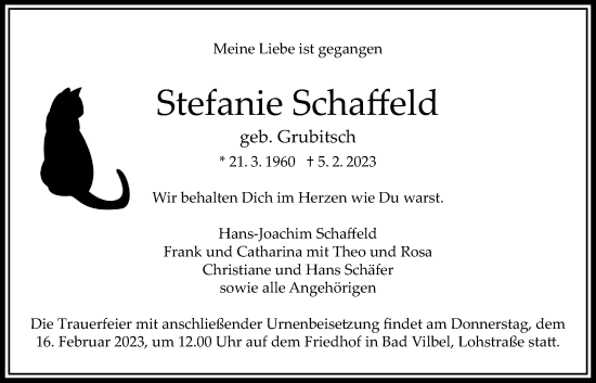 Traueranzeige von Stefanie Schaffeld von Bad Vilbel/Karben