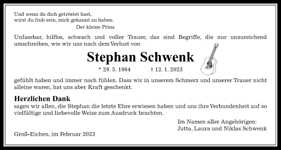 Traueranzeige von Stephan Schwenk von Mücker Stimme, Alsfelder Allgemeine