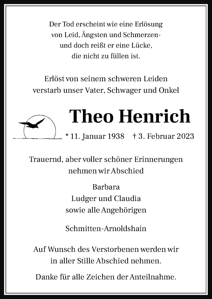  Traueranzeige für Theo Henrich vom 08.02.2023 aus Usinger Anzeiger