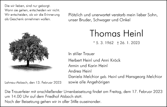 Traueranzeige von Thomas Heinl von Giessener Anzeiger