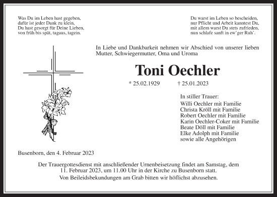 Traueranzeige von Toni Oechler von Kreis-Anzeiger