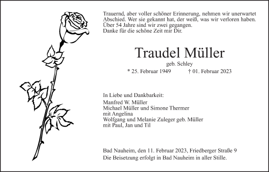 Traueranzeige von Traudel Müller von Wetterauer Zeitung