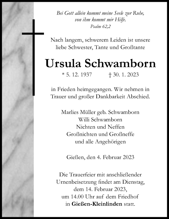 Traueranzeige von Ursula Schwamborn von Giessener Anzeiger, Giessener Allgemeine, Alsfelder Allgemeine