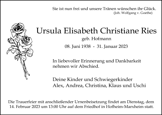 Traueranzeige von Ursula Elisabeth Christiane Ries 