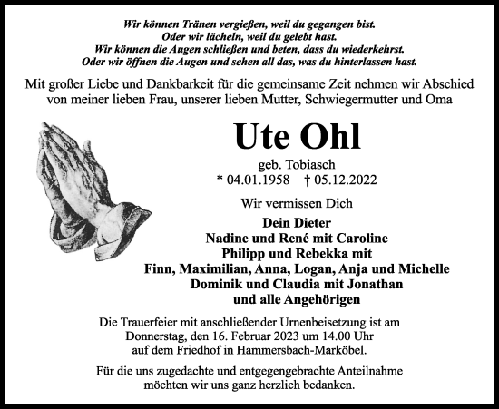 Traueranzeige von Ute Ohl von Kreis-Anzeiger