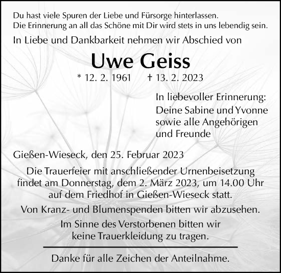 Traueranzeige von Uwe Geiss von Giessener Allgemeine, Alsfelder Allgemeine