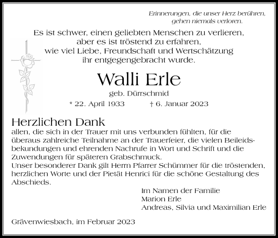 Traueranzeige von Walli Erle von Usinger Anzeiger