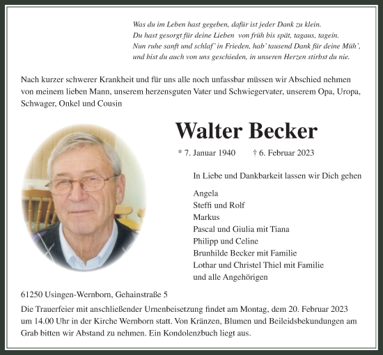 Traueranzeige von Walter Becker 