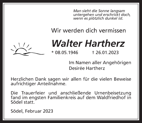 Traueranzeige von Walter Hartherz von Wetterauer Zeitung