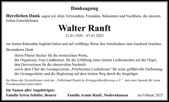 Traueranzeige von Walter Ranft von Giessener Allgemeine, Alsfelder Allgemeine, Giessener Anzeiger