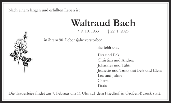Traueranzeige von Waltraud Bach von Giessener Allgemeine, Alsfelder Allgemeine