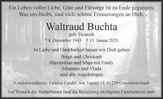 Traueranzeige von Waltraud Buchta von Usinger Anzeiger