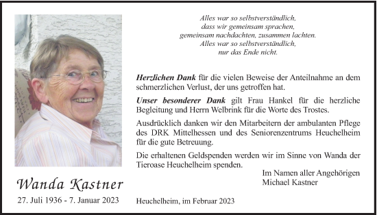 Traueranzeige von Wanda Kastner von Giessener Allgemeine, Alsfelder Allgemeine, Giessener Anzeiger