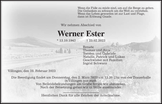 Traueranzeige von Werner Ester von Giessener Allgemeine, Alsfelder Allgemeine, Giessener Anzeiger