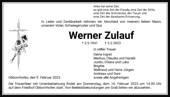 Traueranzeige von Werner Zulauf von Licher Wochenblatt