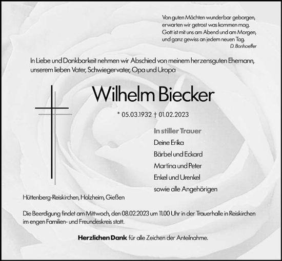 Traueranzeige von Wilhelm Biecker von Giessener Anzeiger