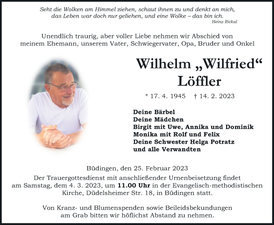 Traueranzeige von Wilhelm Löffler von Kreis-Anzeiger