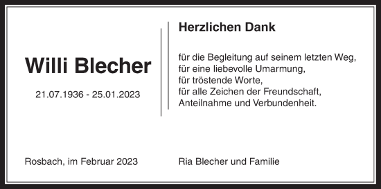 Traueranzeige von Willi Blecher von Wetterauer Zeitung, Wetterauer Zeitung