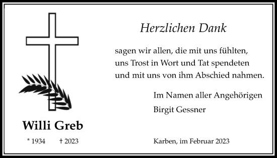 Traueranzeige von Willi Greb von Bad Vilbel/Karben