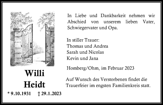 Traueranzeige von Willi Heidt von Alsfelder Allgemeine