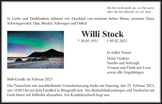 Traueranzeige von Willi Stock von Kreis-Anzeiger