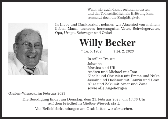 Traueranzeige von Willy Becker von Giessener Allgemeine, Alsfelder Allgemeine, Giessener Allgemeine, Alsfelder Allgemeine
