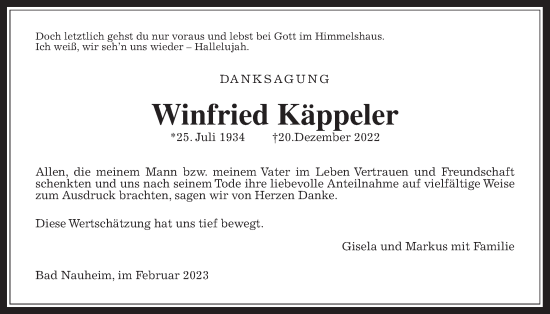 Traueranzeige von Winfried Käppeler von Wetterauer Zeitung