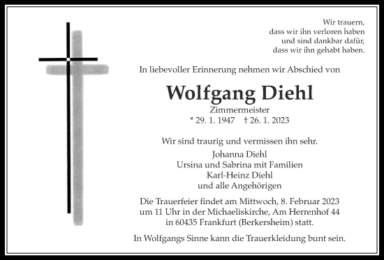 Traueranzeige von Wolfgang Diehl von Wetterauer Zeitung, Kreis-Anzeiger