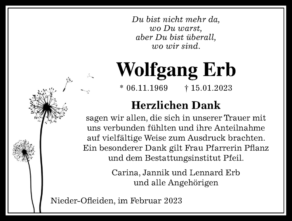  Traueranzeige für Wolfgang Erb vom 23.02.2023 aus Mücker Stimme