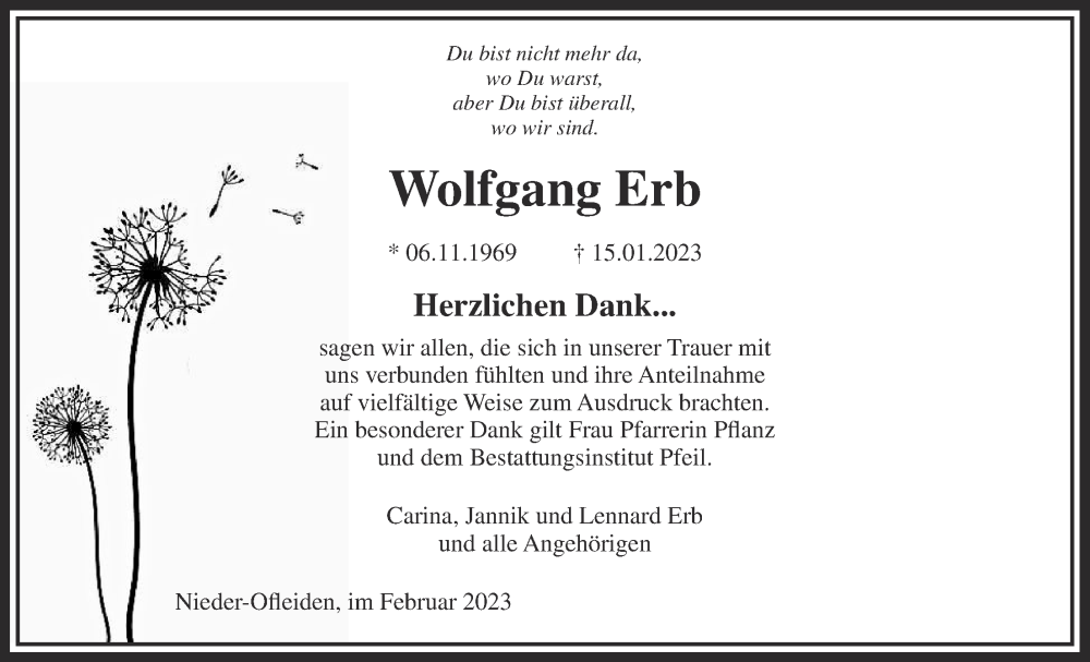  Traueranzeige für Wolfgang Erb vom 23.02.2023 aus Alsfelder Allgemeine