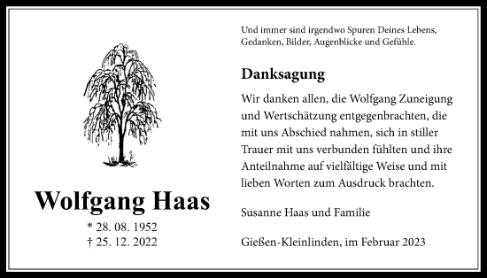 Traueranzeige von Wolfgang Haas von Giessener Allgemeine, Alsfelder Allgemeine