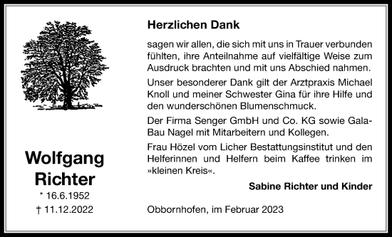 Traueranzeige von Wolfgang Richter von Licher Wochenblatt