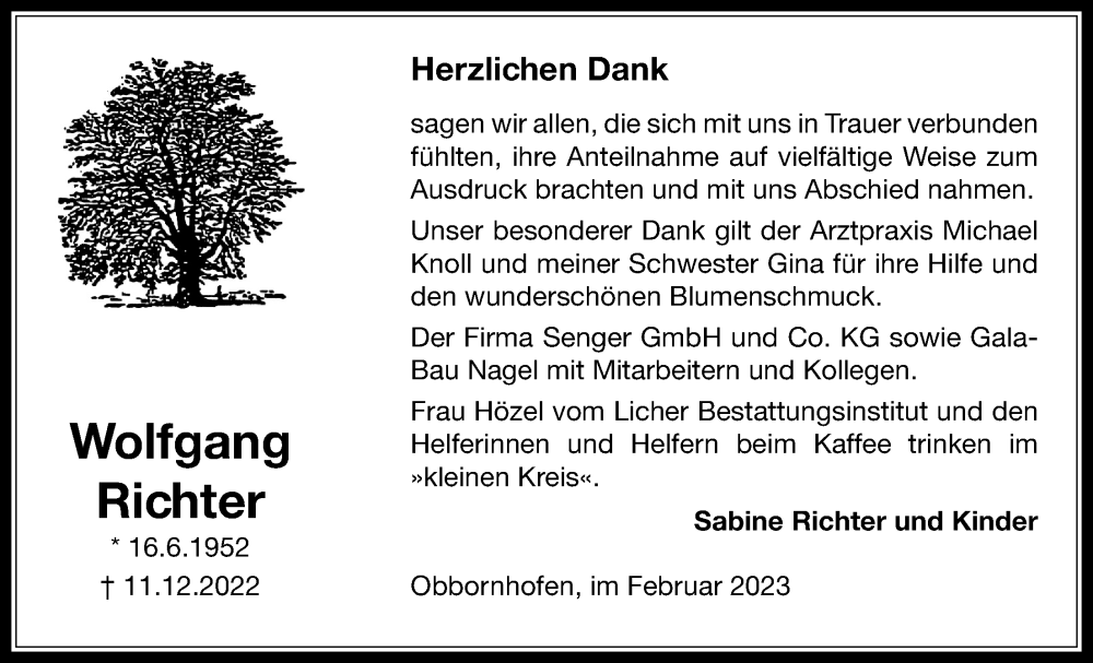  Traueranzeige für Wolfgang Richter vom 02.02.2023 aus Licher Wochenblatt