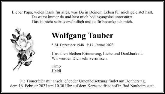 Traueranzeige von Wolfgang Tauber von Wetterauer Zeitung