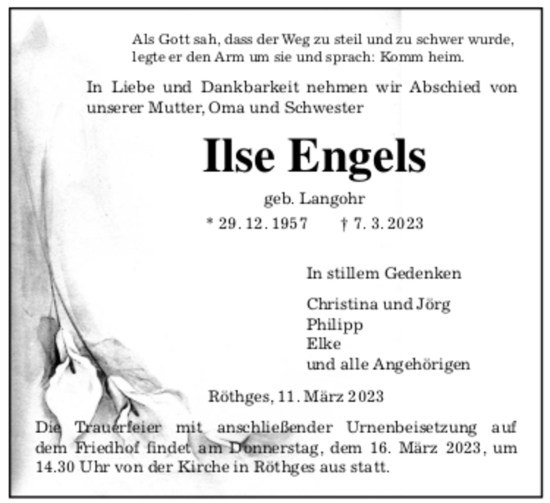 Traueranzeige von Ilse Engels 