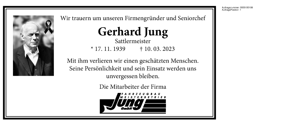  Traueranzeige für Gerhard Jung vom 18.03.2023 aus 