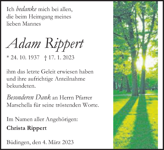 Traueranzeige von Adam Rippert von Kreis-Anzeiger