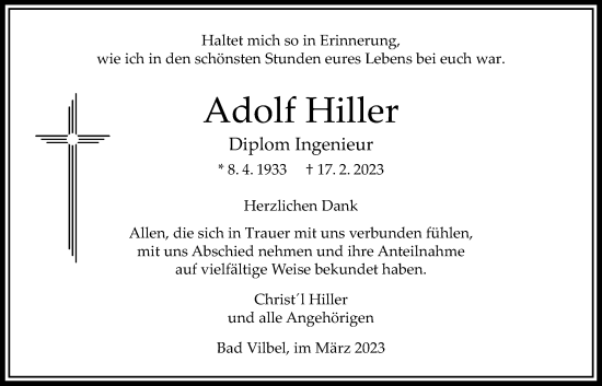 Traueranzeige von Adolf Hiller von Bad Vilbel/Karben