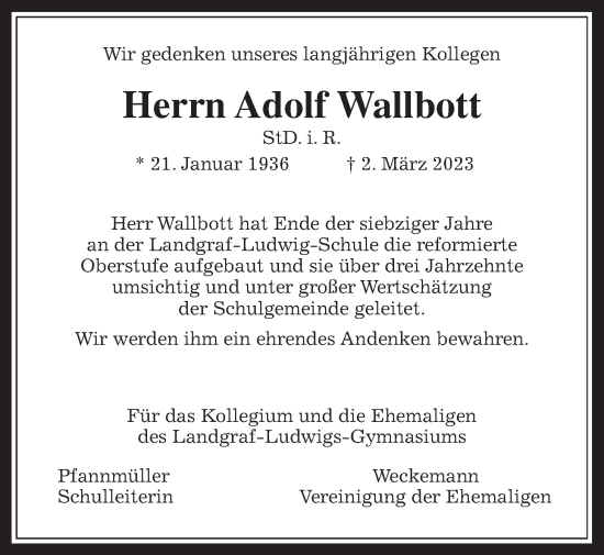 Traueranzeige von Adolf Wallbott von Giessener Allgemeine, Alsfelder Allgemeine