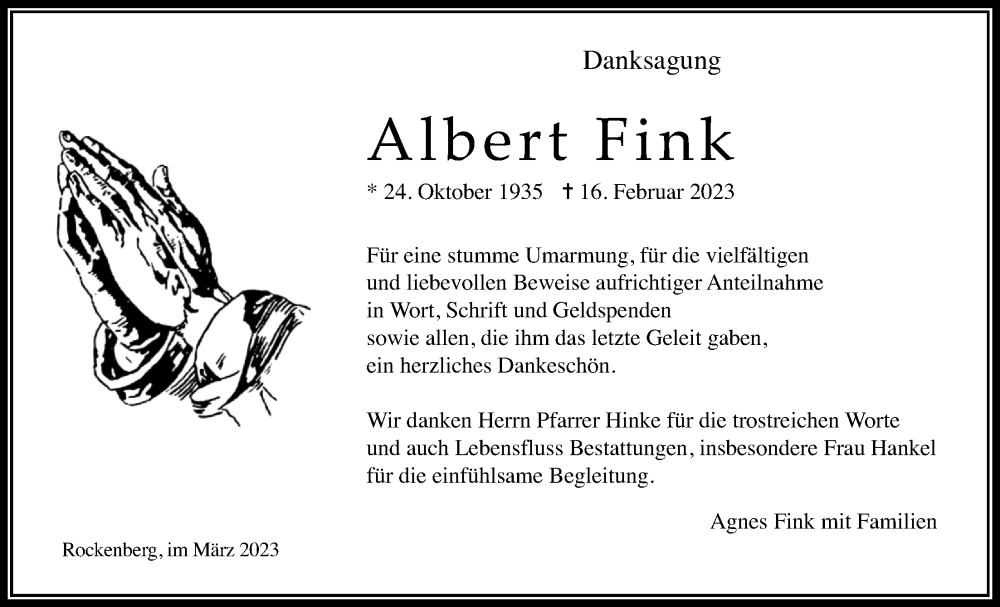  Traueranzeige für Albert Fink vom 18.03.2023 aus Wetterauer Zeitung