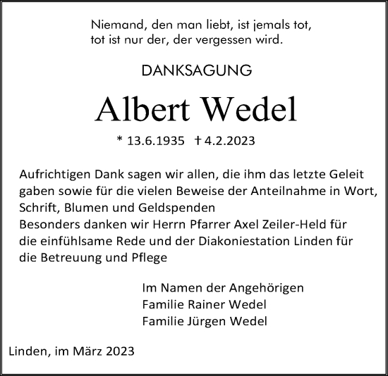 Traueranzeige von Albert Wedel von Giessener Anzeiger, Giessener Allgemeine, Alsfelder Allgemeine